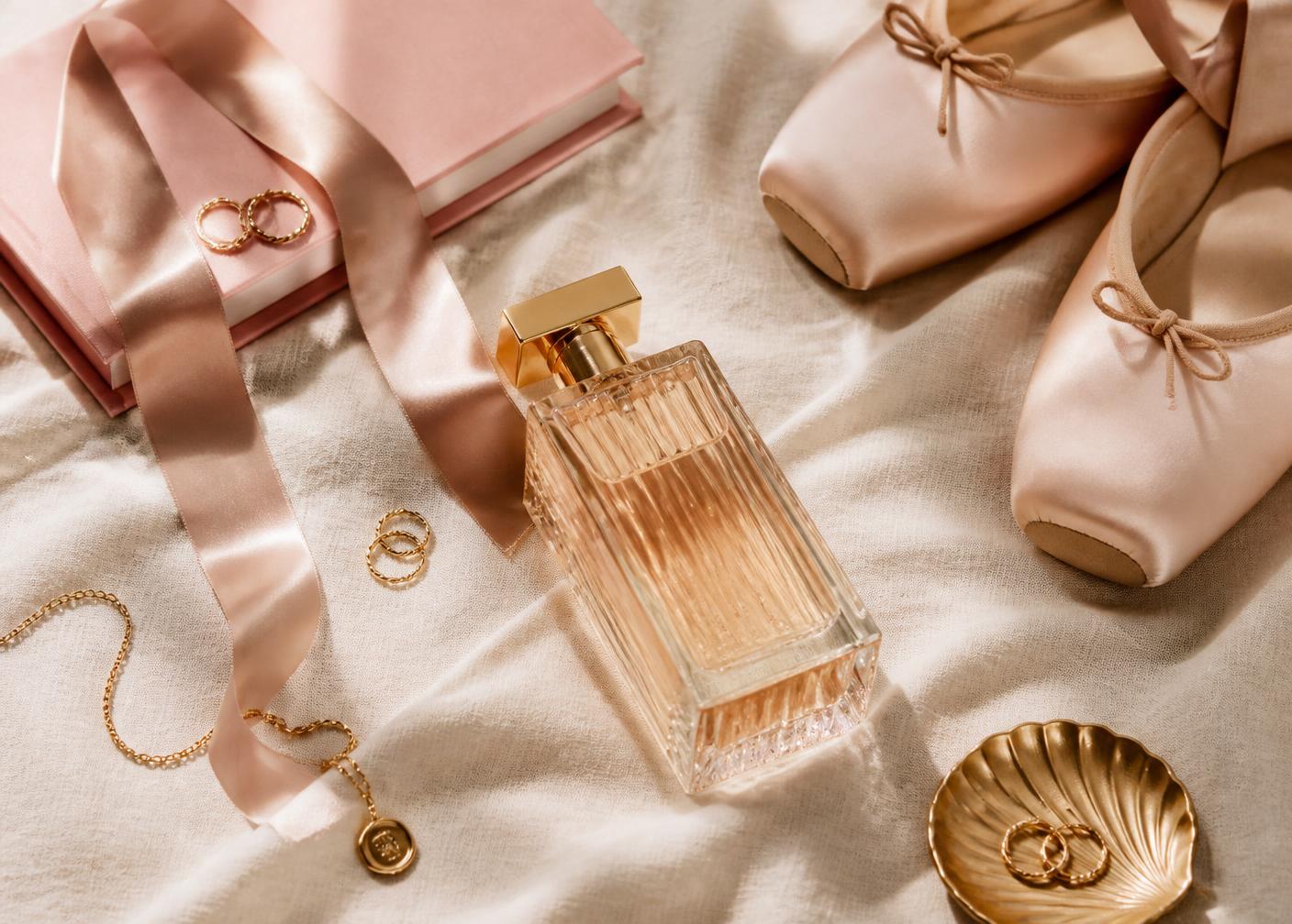 Editorial Flatlay mit Parfum, Buch und Ballerinas